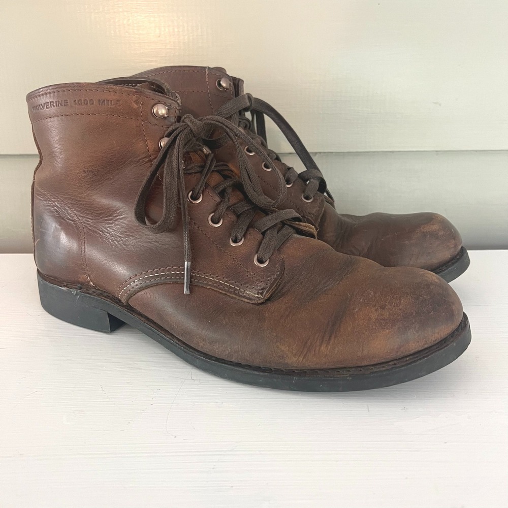 Wolverine 1000 Mile Plain Toe Boots Brown Men 10.5‎ D Leather Vibram Lace Up
